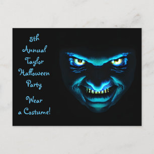 Creepy Blue Face Halloween Party Invites Postcard