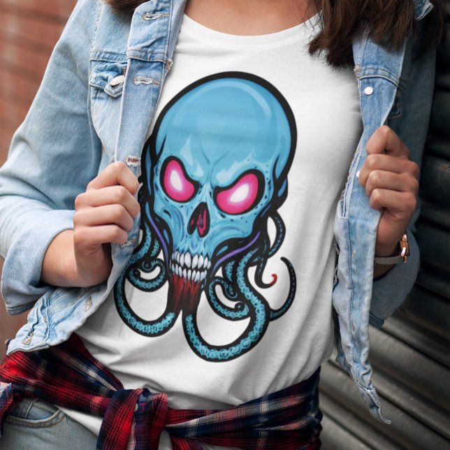 Creepy Blue Gothic Stylized Tentacle Skull Light T-Shirt (Creator Uploaded)