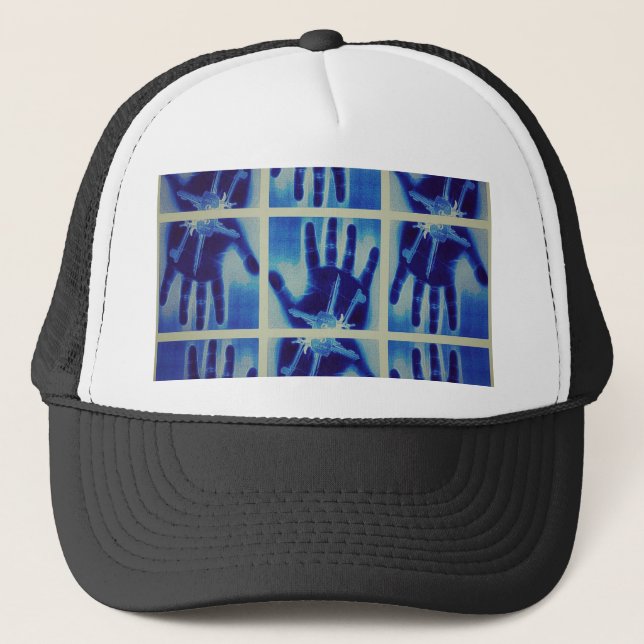 creepy blue hand trucker hat (Front)
