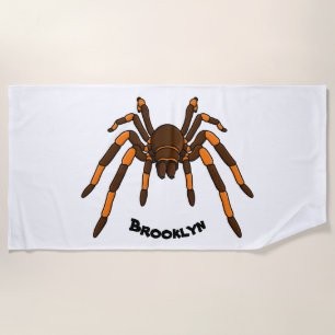 Creepy brown and orange tarantula spider cartoon beach towel