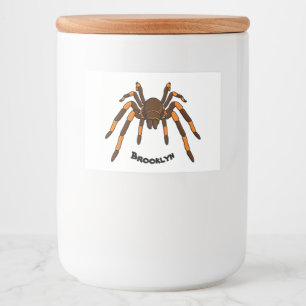 Creepy brown and orange tarantula spider cartoon food label