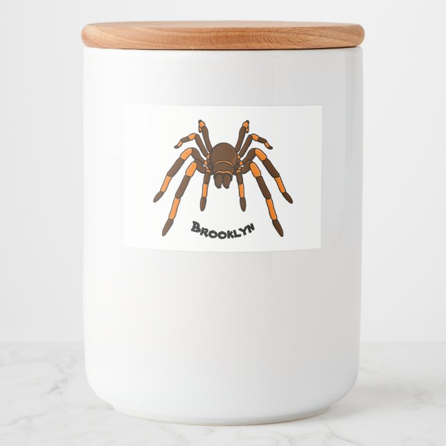 Creepy brown and orange tarantula spider cartoon food label (Front)