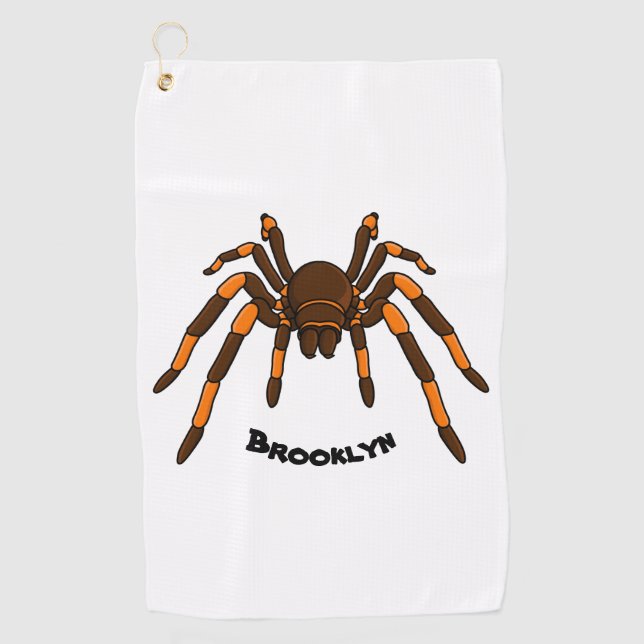 Creepy brown and orange tarantula spider cartoon golf towel (Front)