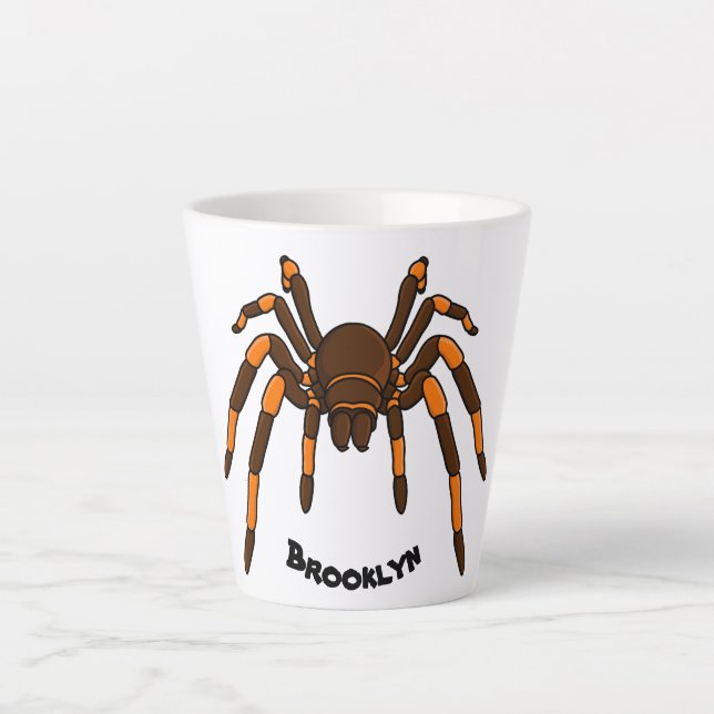 Creepy brown and orange tarantula spider cartoon latte mug (Front)