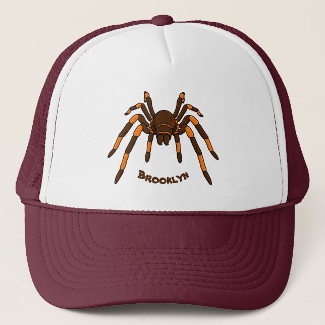 Creepy brown and orange tarantula spider cartoon trucker hat (Front)