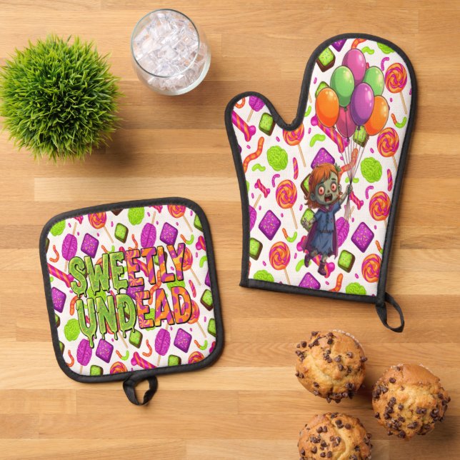 Creepy Candy Zombie Mashup For Halloween Oven Mitt & Pot Holder Set (Top Down)
