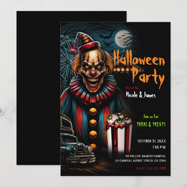 Creepy Carnival Clown Halloween Party  Invitation (Front/Back)