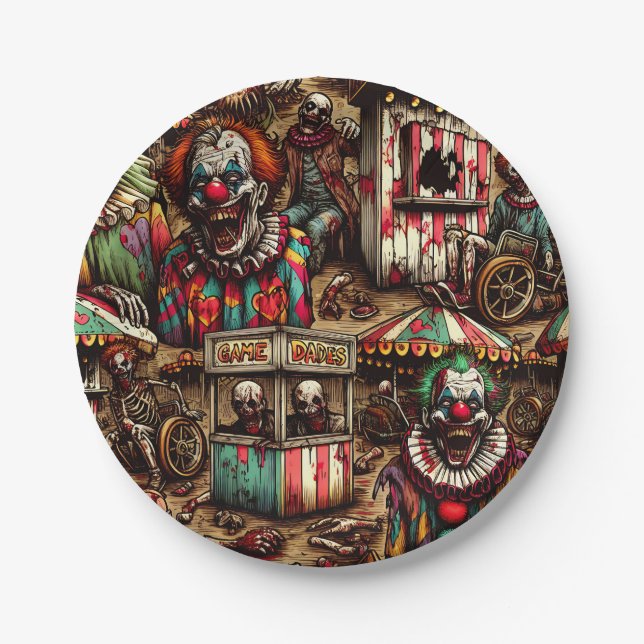 Creepy Carnival Clown Zombie Halloween Paper Plate (Front)