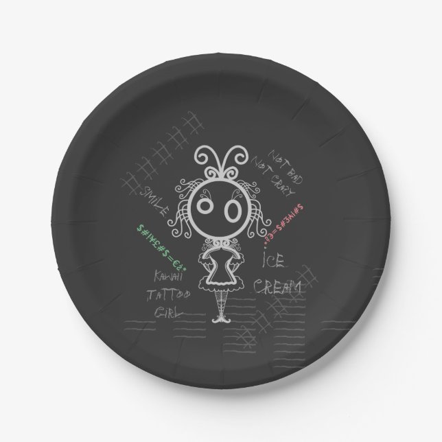 Creepy Cartoon Kawaii Tattoo Girl Paper Plate (Front)