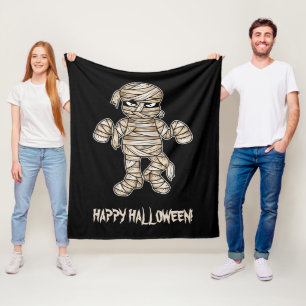 Creepy Cartoon Mummy & Happy Halloween Text Fleece Blanket