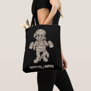 Creepy Cartoon Mummy & Happy Halloween Text Tote Bag