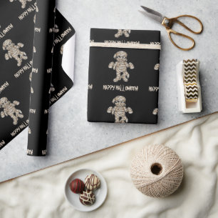 Creepy Cartoon Mummy Pattern Happy Halloween Text Wrapping Paper