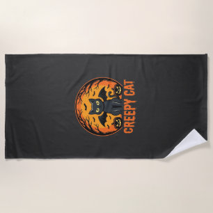 Creepy Cat Halloween Bat Moon Graphic Design_1 Beach Towel