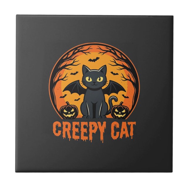 Creepy Cat Halloween Bat Moon Graphic Design_1 Tile (Front)