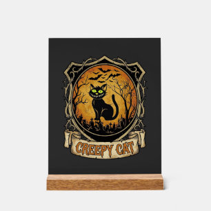 Creepy Cat Halloween Black Graveyard Bats Acrylic Sign