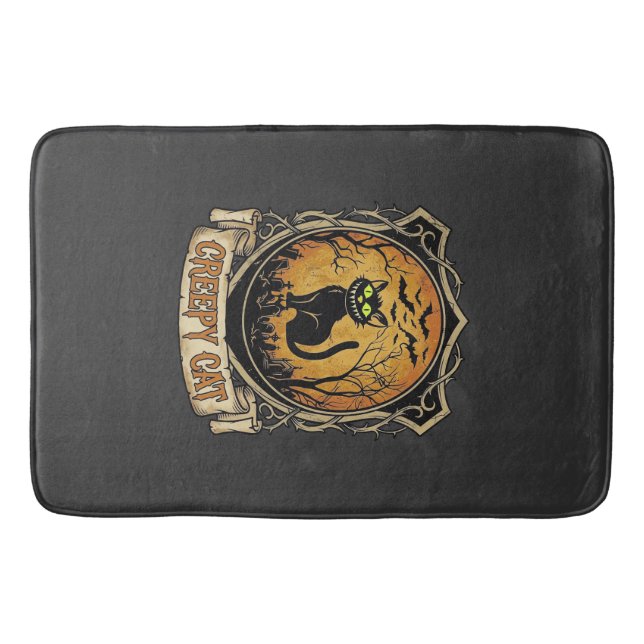 Creepy Cat Halloween Black Graveyard Bats Bath Mat (Front)