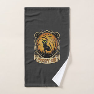 Creepy Cat Halloween Black Graveyard Bats Hand Towel