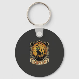 Creepy Cat Halloween Black Graveyard Bats Key Ring