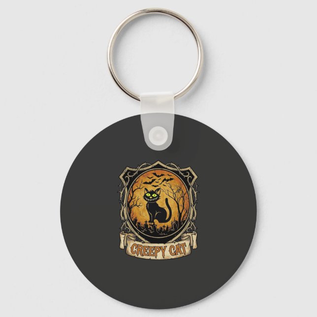 Creepy Cat Halloween Black Graveyard Bats Key Ring (Front)
