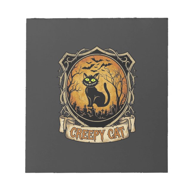Creepy Cat Halloween Black Graveyard Bats Notepad (Front)