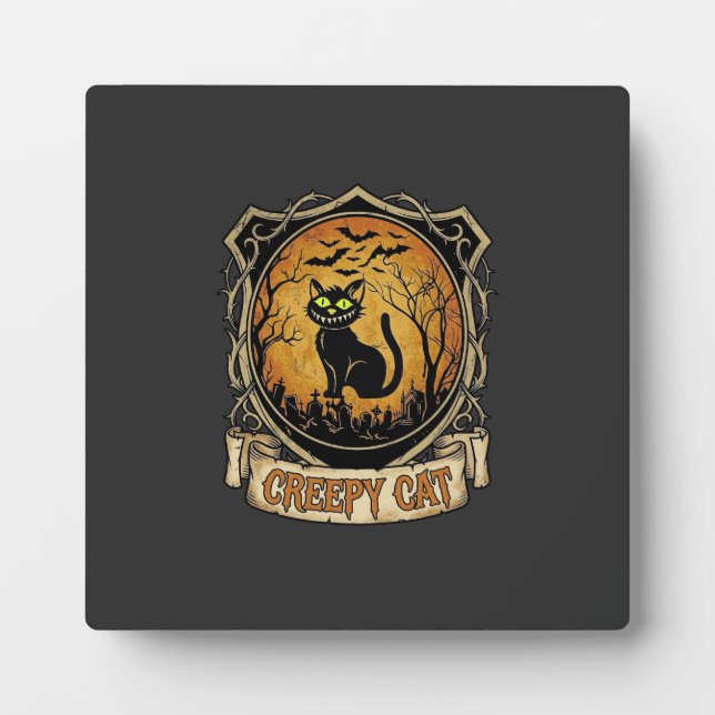Creepy Cat Halloween Black Graveyard Bats Plaque (Front)