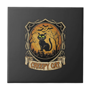Creepy Cat Halloween Black Graveyard Bats Tile