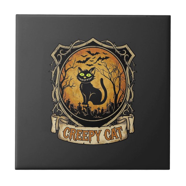 Creepy Cat Halloween Black Graveyard Bats Tile (Front)