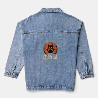 Creepy Cat Halloween Vintage Moon Graphic Denim Jacket