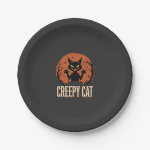 Creepy Cat Halloween Vintage Moon Graphic Paper Plate