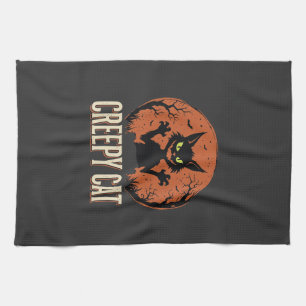 Creepy Cat Halloween Vintage Moon Graphic Tea Towel