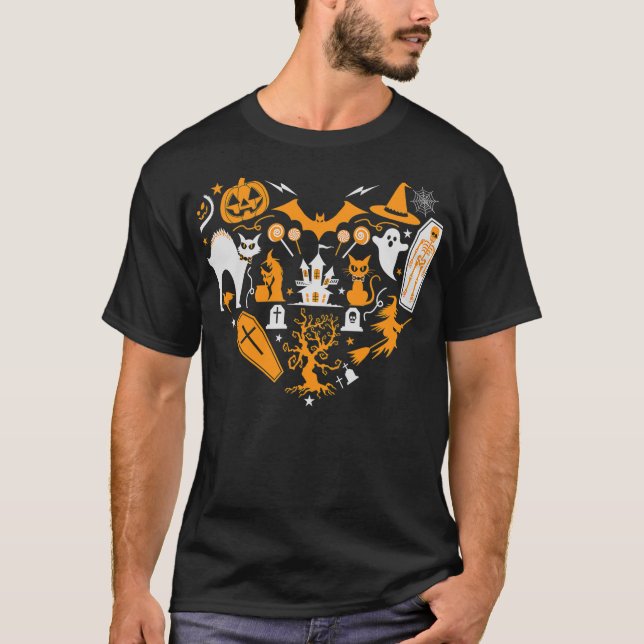 Creepy Cat Skeleton Ghost Pumpkin Funny Halloween  T-Shirt (Front)