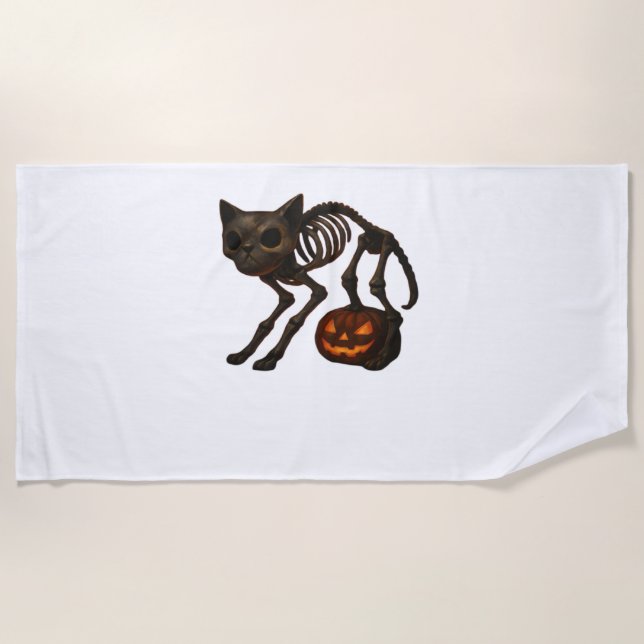 Creepy Cat Skeleton Halloween Gift Classic T-Shirt Beach Towel (Front)