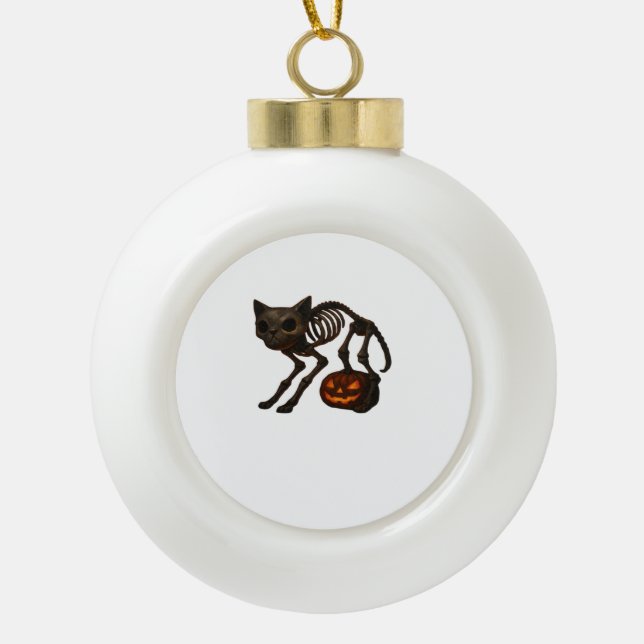 Creepy Cat Skeleton Halloween Gift Classic T-Shirt Ceramic Ball Christmas Ornament (Front)