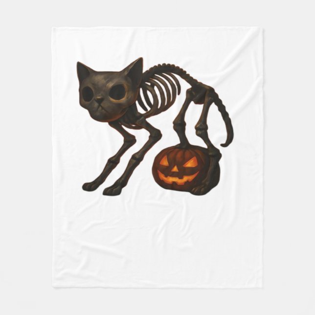Creepy Cat Skeleton Halloween Gift Classic T-Shirt Fleece Blanket (Front)