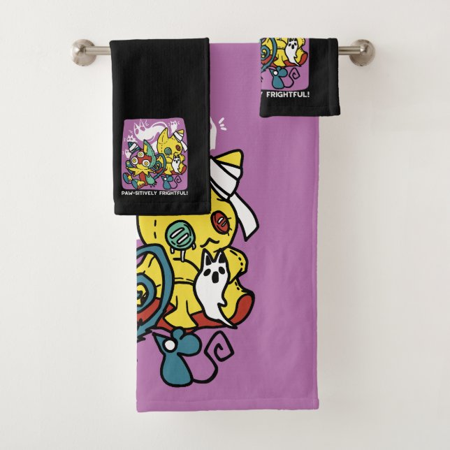 Creepy Cats Halloween Art: Paw-sitively Frightful Bath Towel Set (Insitu)