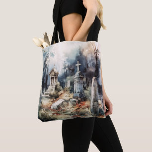 Creepy Cemetery Graveyard Graves Crosses Halloween Tote Bag