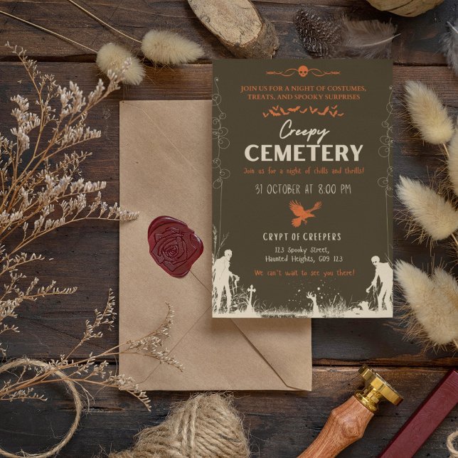 Creepy Cemetery Pearl with Carrot Orange Accent Invitation (Creepy Cemetery Pearl with Carrot Orange Accent Invitation Cover from The Beekeeper Store)