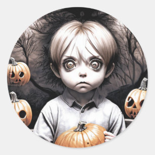 Creepy Chibi Boy with Pumpkin Halloween Classic Round Sticker