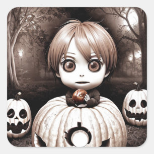Creepy Child with Poison Apple in Pumpkin Square Sticker