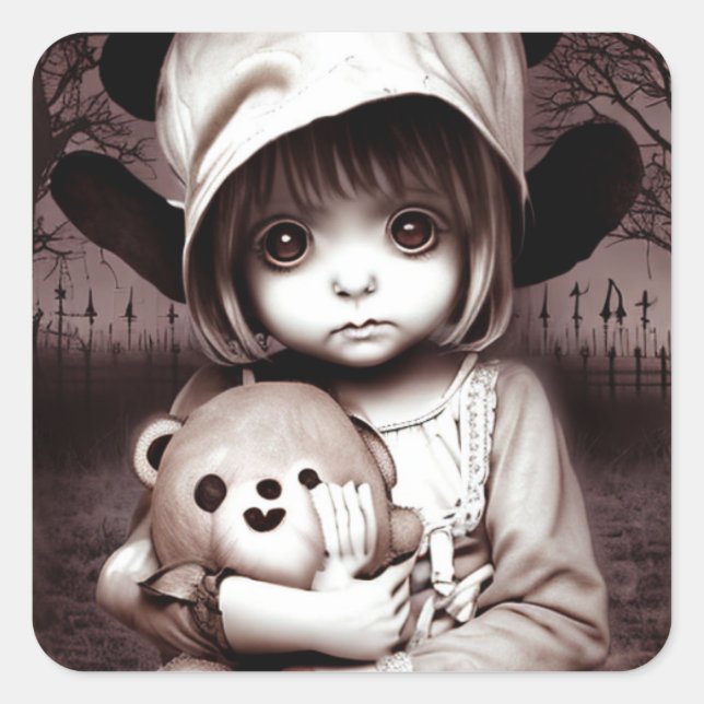 Creepy Child with Scratched up Teddy Bear Square Sticker (Front)