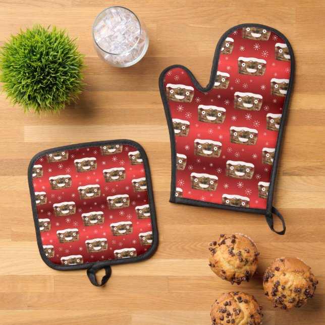 Creepy Christmas Fruitcake Pattern Red Oven Mitt & Pot Holder Set (Top Down)