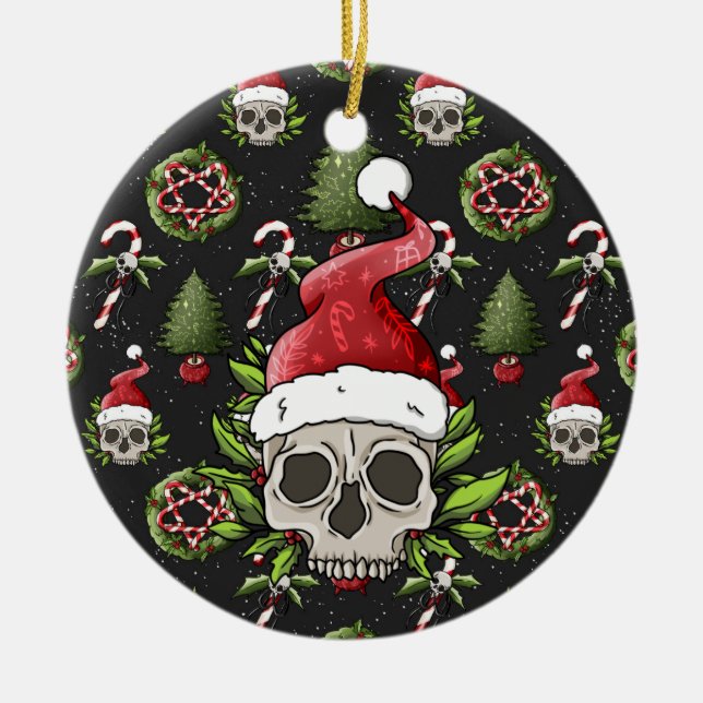 Creepy Christmas Santa Skull Ceramic Tree Decoration (Front)