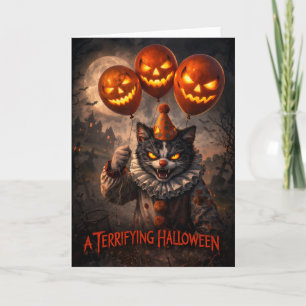 Creepy clown cat terrifying Halloween greeting car Card