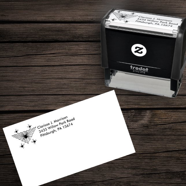 Creepy crawling Spiders in Triangle Shaped Web Self-inking Stamp (Spiders crawling in and around triangle shaped spider web on self inking return address stamp.)
