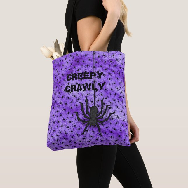 Creepy Crawly Huge Halloween & Spider Purple Tote Bag (Close Up)