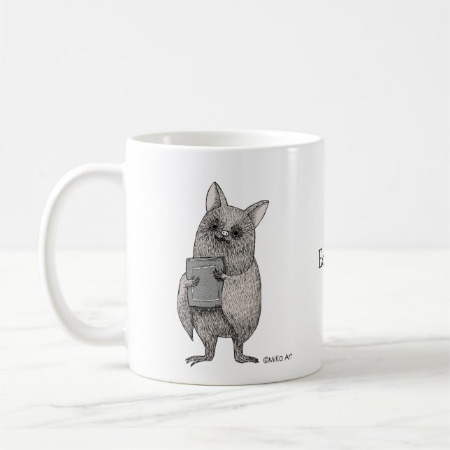 Creepy Cute Bat with Book Macaber Art Custom name Coffee Mug (Left)