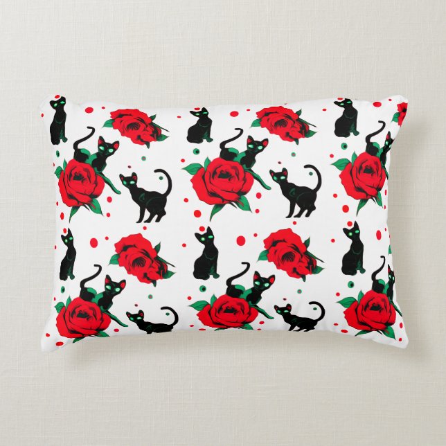 Creepy Cute Black Cats Red Roses Pattern Decorative Cushion (Front)