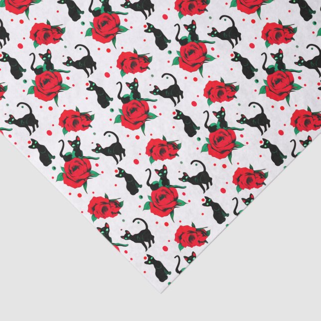 Creepy Cute Black Cats Red Roses Pattern Tissue Paper (Detail)