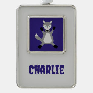 Creepy Cute Halloween Wolf Custom Name Silver Plated Framed Ornament