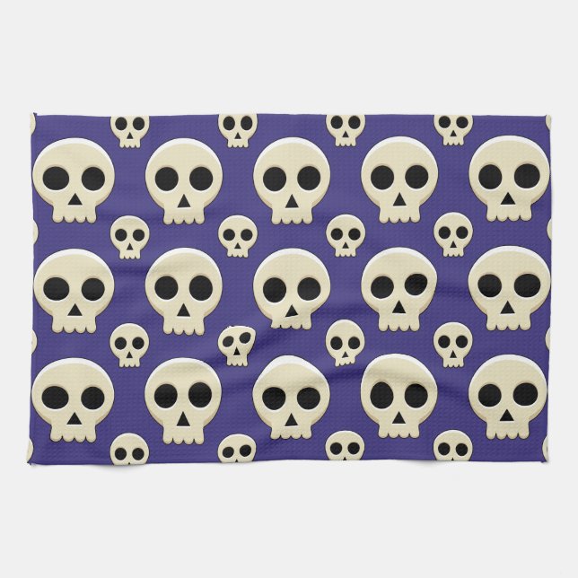 Creepy Cute Kawaii Goth Skull Pattern Tea Towel (Horizontal)